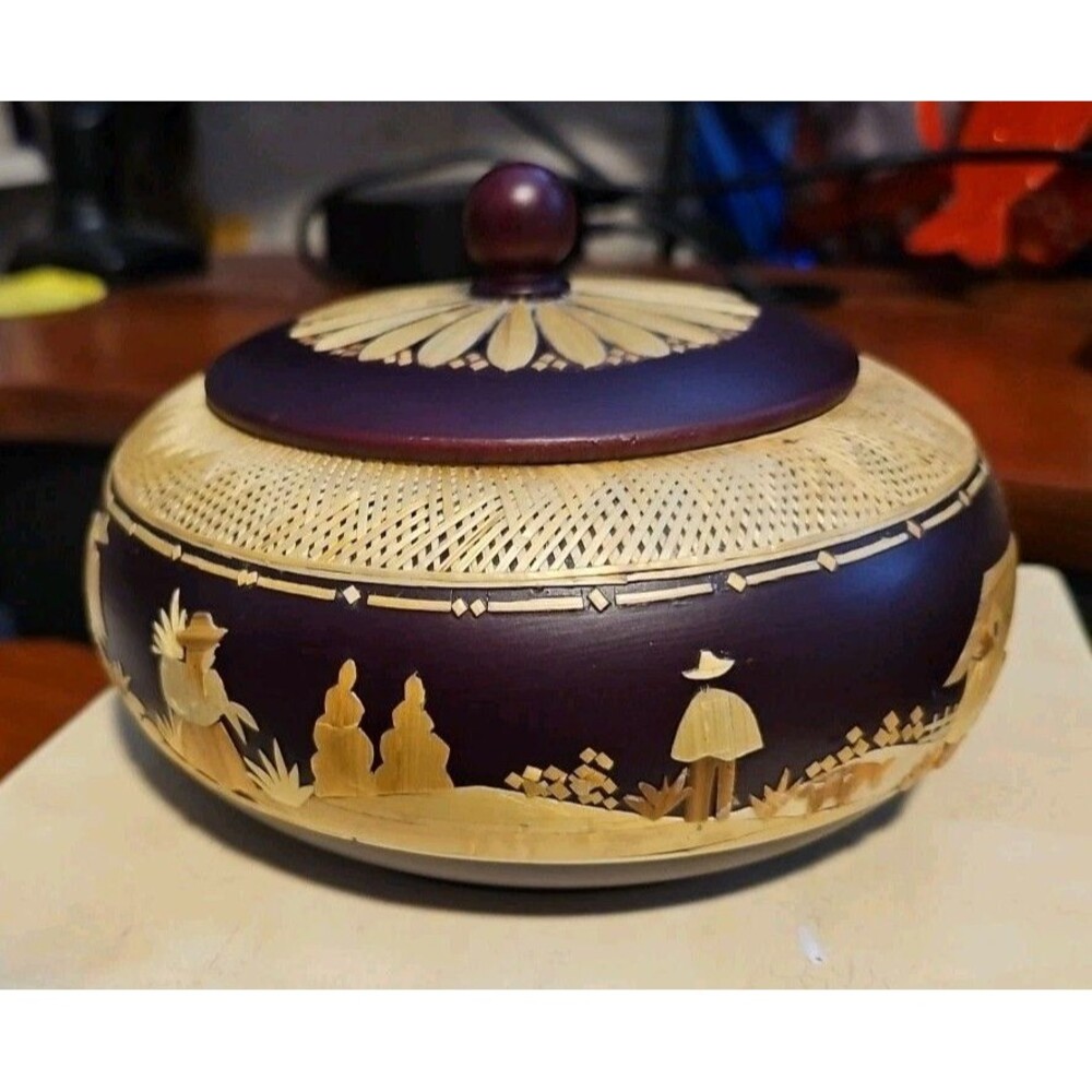 Handmade Straw Marquetry Wooden Trinket Bowl W/ Lid Village Scenery 6” Round - Picture 8 of 8